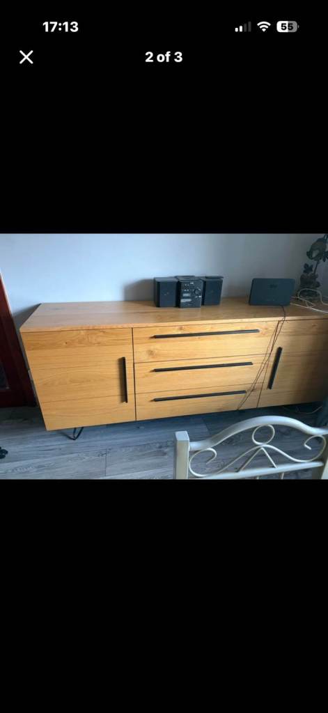 Indigo Large Oak Sideboard, Soft Close Drawers, Black Hairpin Legs
