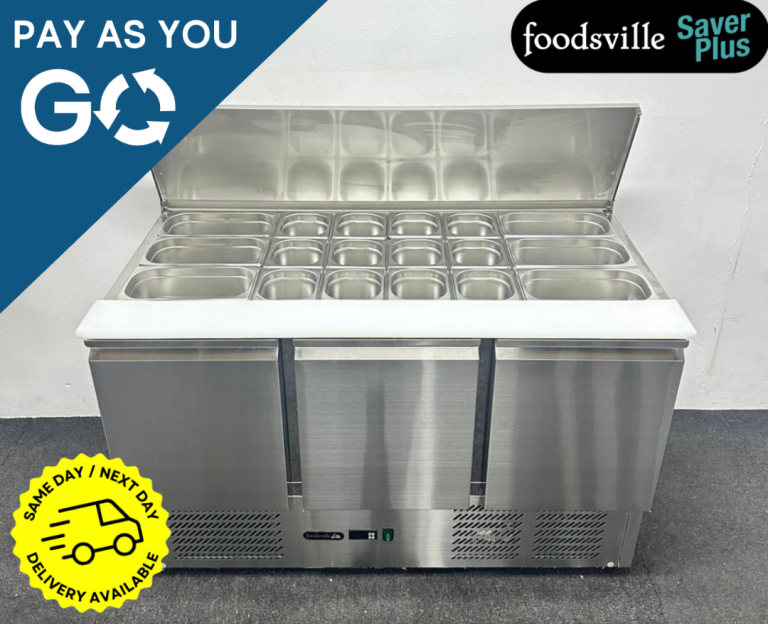 PAY AS YOU GO: New Foodsville Saver Plus 1365mm Stainless Steel 3 Door Refrigerated Saladette