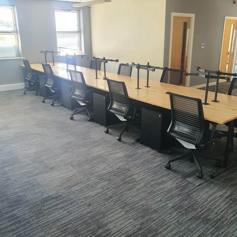 Modular Bench Desking, Solid Oak / Black Metal, Portholes, W1220mm 