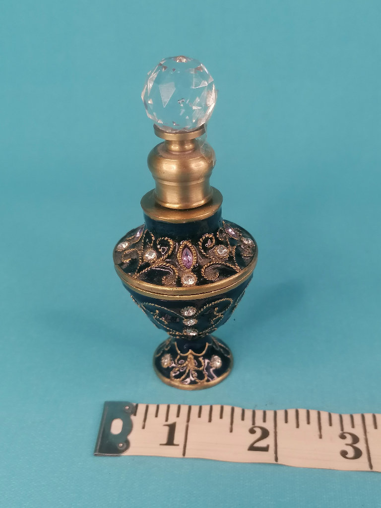 4-inch Vintage Enamel Glass and Crystals Perfume Scent Dressing Table Bottle.