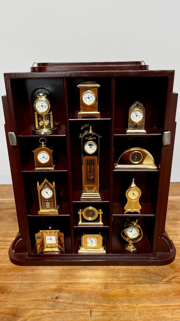 12 Miniature Clock Set Louis Margaux Paris Wooden Cabinet With Glass RARE SUPERB