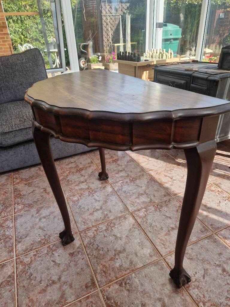 vintage walnut demi-lune hall table with ball and claw