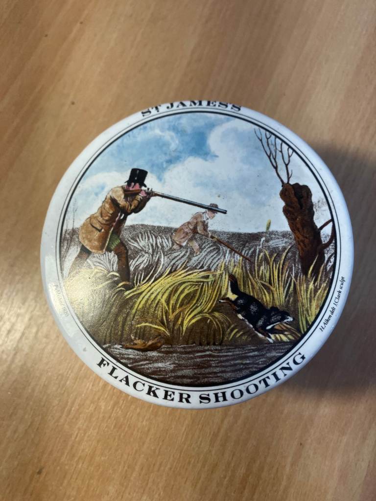 Vintage St. James’s ‘Flacker Shooting’ Porcelain Pot with Lid.