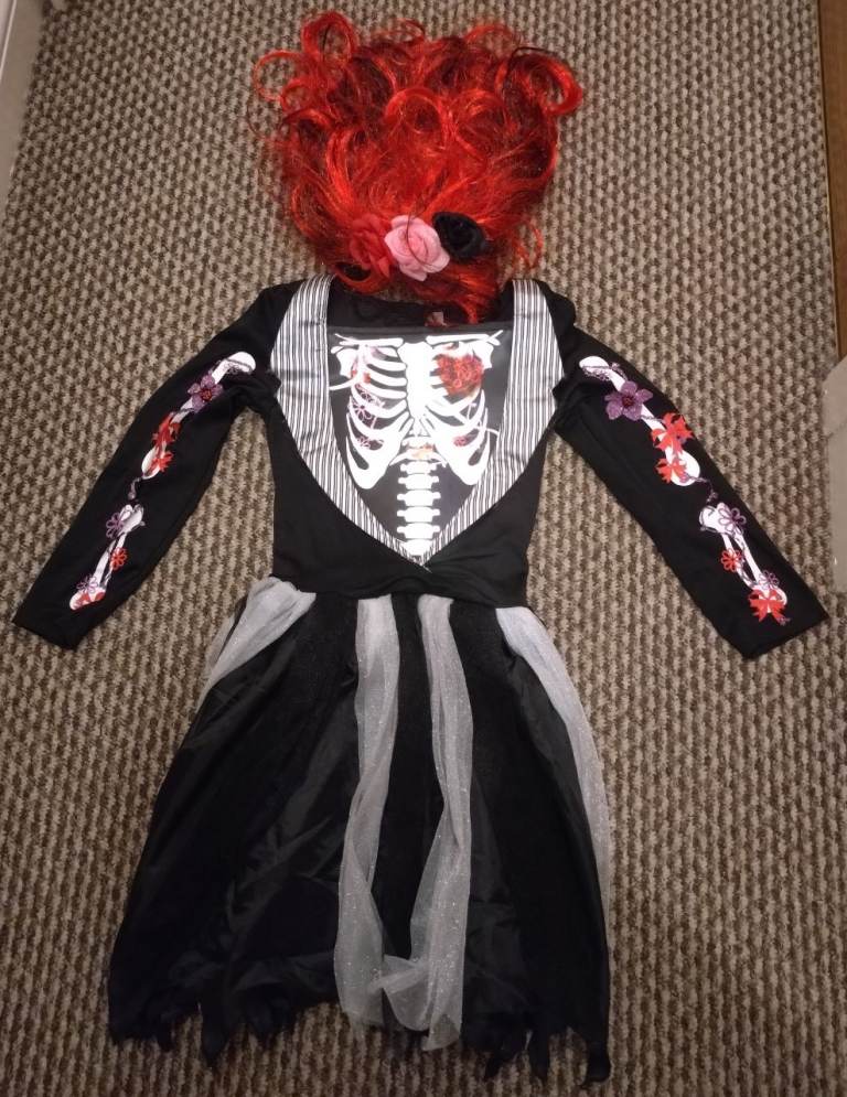 Girls Day Of The Dead Halloween Dressing Up Costume & Wig 9-10 Years