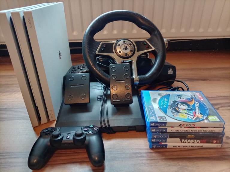 White PS4 Pro with Steering Wheel and Pedals Racing Bundle