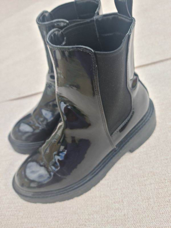 Papaya black patent leather chunky heels Chelsea Boots Uk5 excellent condition 