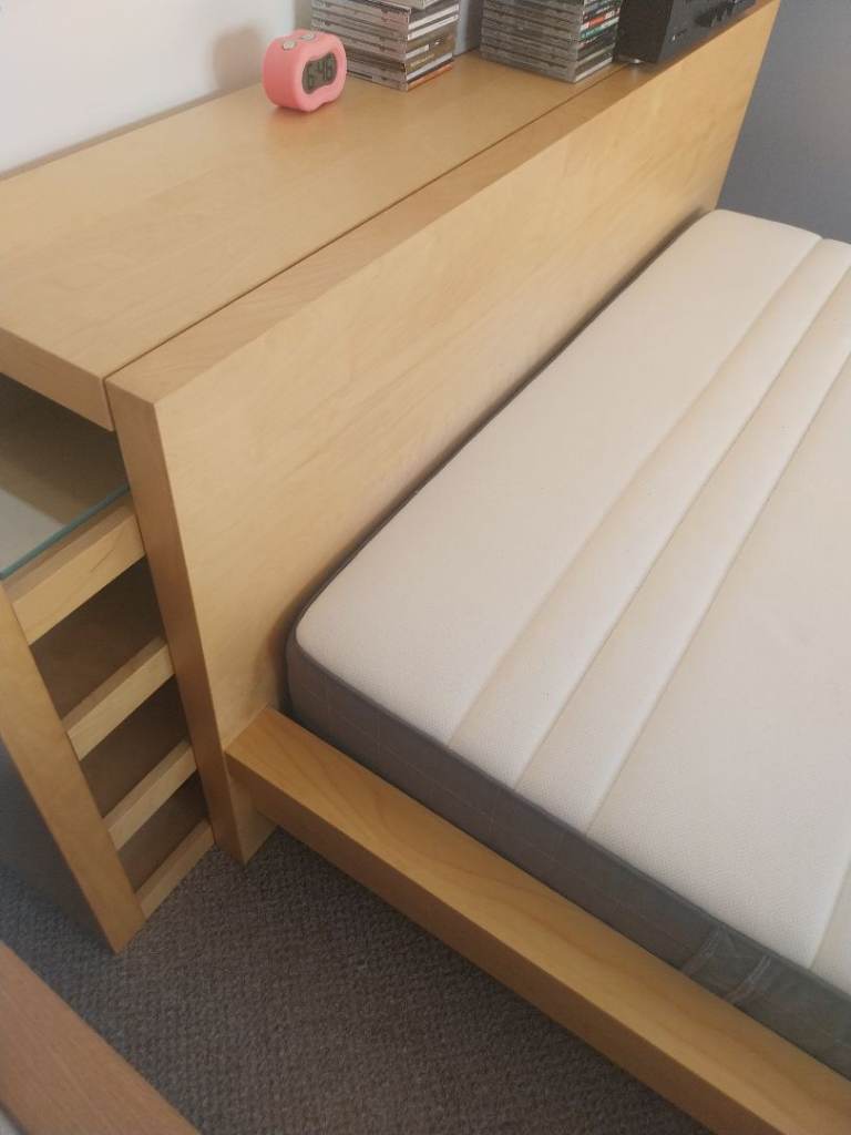 Wooden Bed Frame (&mattress) with back bench and integrated shelves Side Table – Good Condition