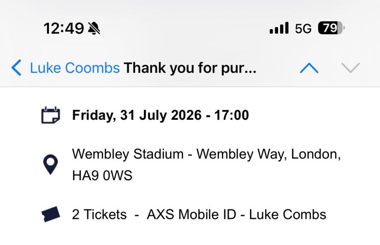 Luke Coombs x2 Tickets Fri 31/07/26 Wembley Satdium