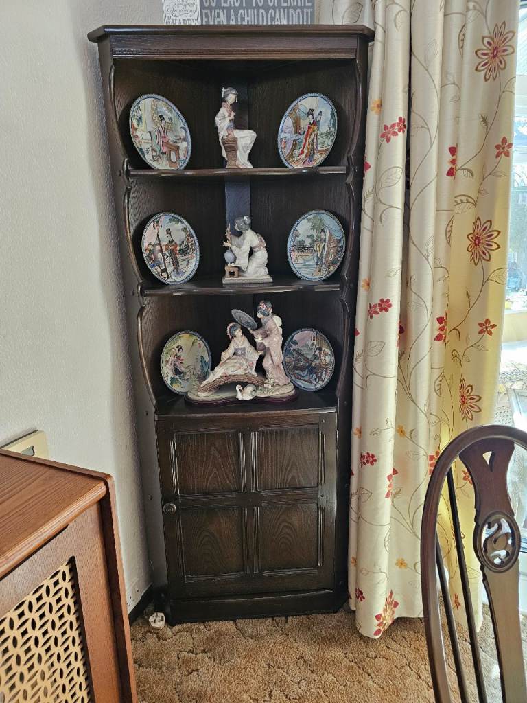 Solid Wood Corner Cabinet with Shelves - Ercol Colonial Style, Brown Finish