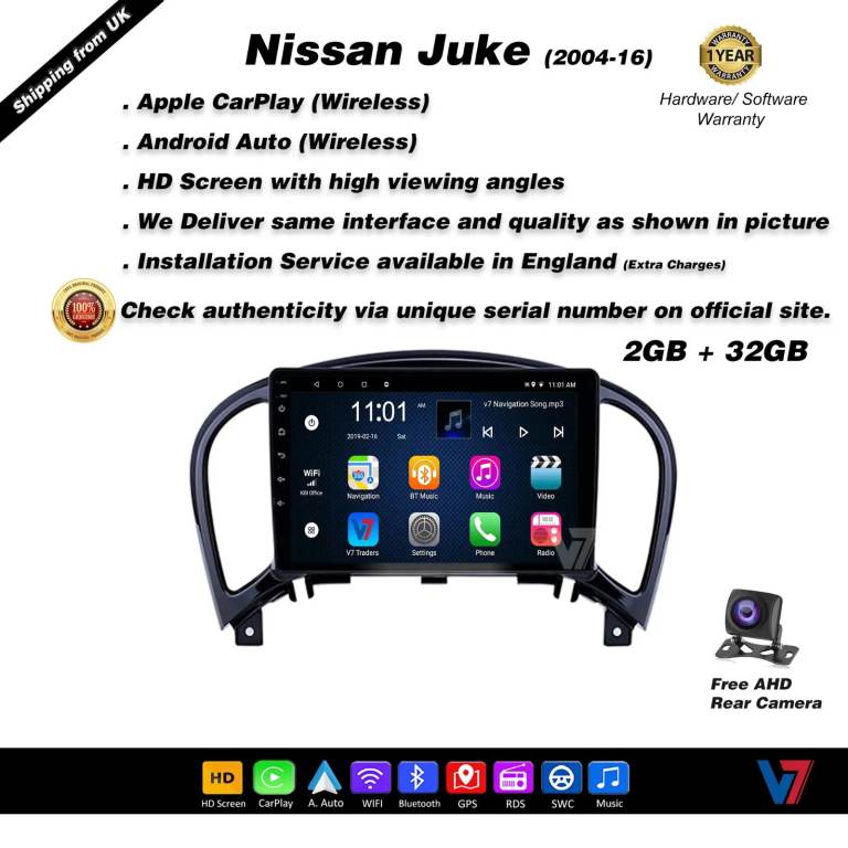Nissan Juke 2004-16 CARPLAY Android Auto HD Screen Head Unit GPS Stereo LCD Panel V7