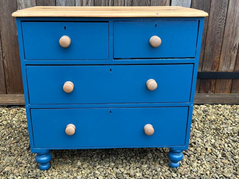 Chest of drawers, antique pine, hand painted in sapphire blue
