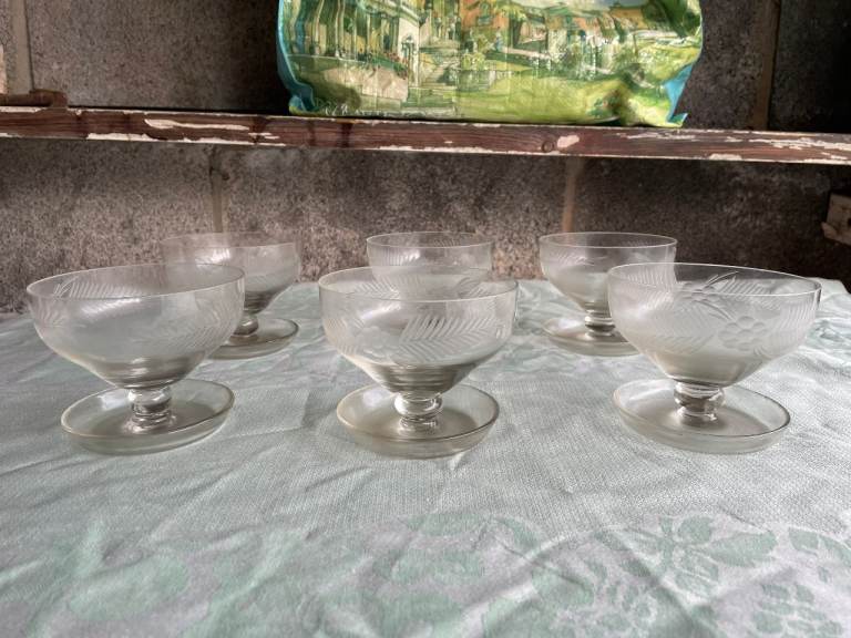SET 6 VINTAGE ETCHED SUNDAE / DESSERT DISHES FLOWER & FERN DESIGN H 9cm W 10CM