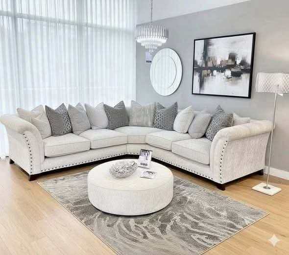 New Silver-Grey Corner Sofa Suite - Plush Fabric