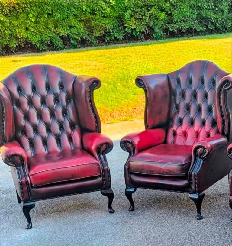 Two Red Leather Chesterfield Wingback Armchairs – Nearly New