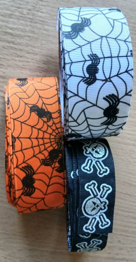 Halloween ribbons end of roll job lot Spooky spiders and silver skull and cross bones  