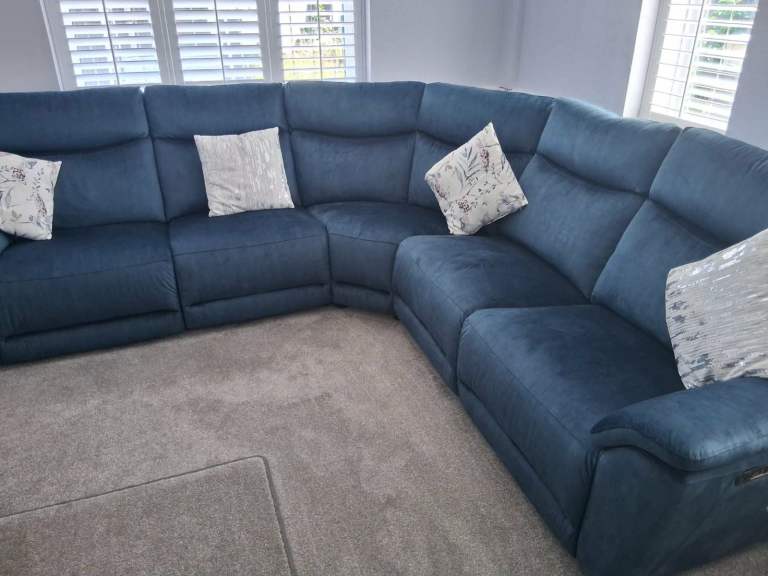 Large Blue 8 Seater Fabric Corner Recliner Sofa with Footstool