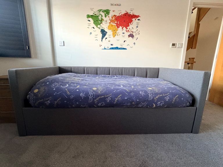 Grey Fabric Single Bed with pull out for second mattress