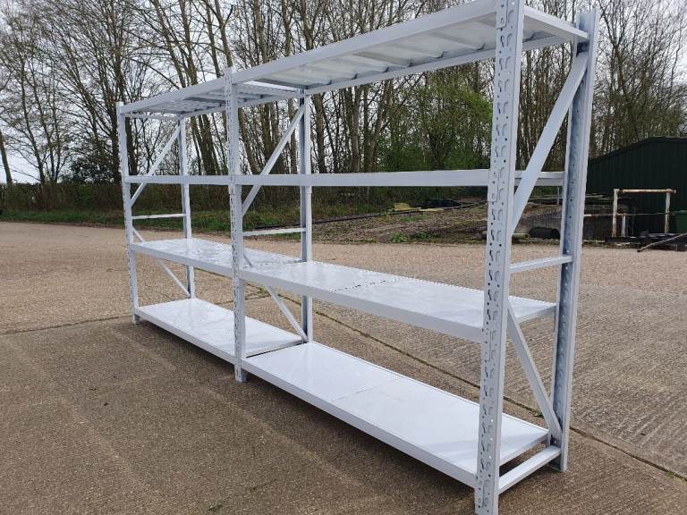 2 Complete Bays of White Metal Racking Shelving with Metal Trays. 200kgs per shelf