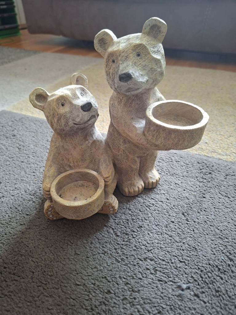Pair of Bear Figurines with Candle Holders – Good Condition