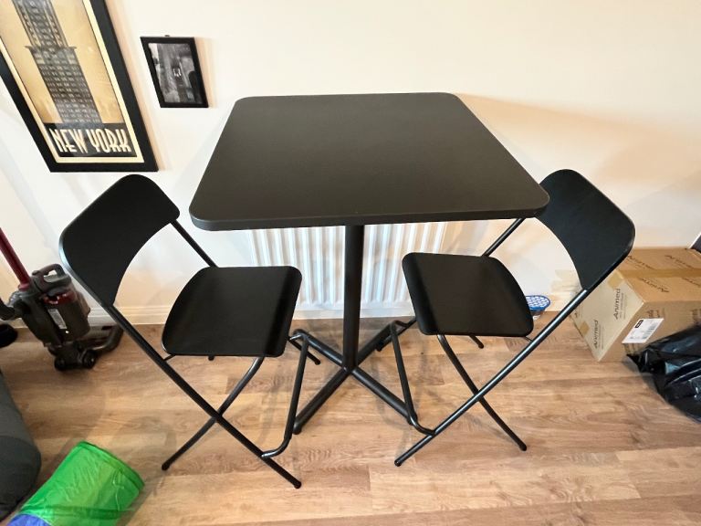 IKEA Bar Table + 2 Folding Stools – Black – Excellent Condition – Modern Set