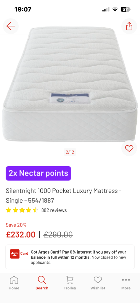 SilentNight single mattress 1000 pocket sprung (used)
