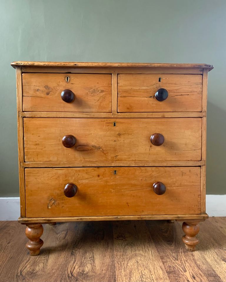 Antique Victorian Rustic Pine & Mahogany Bun Handle Chest of Drawers c1870