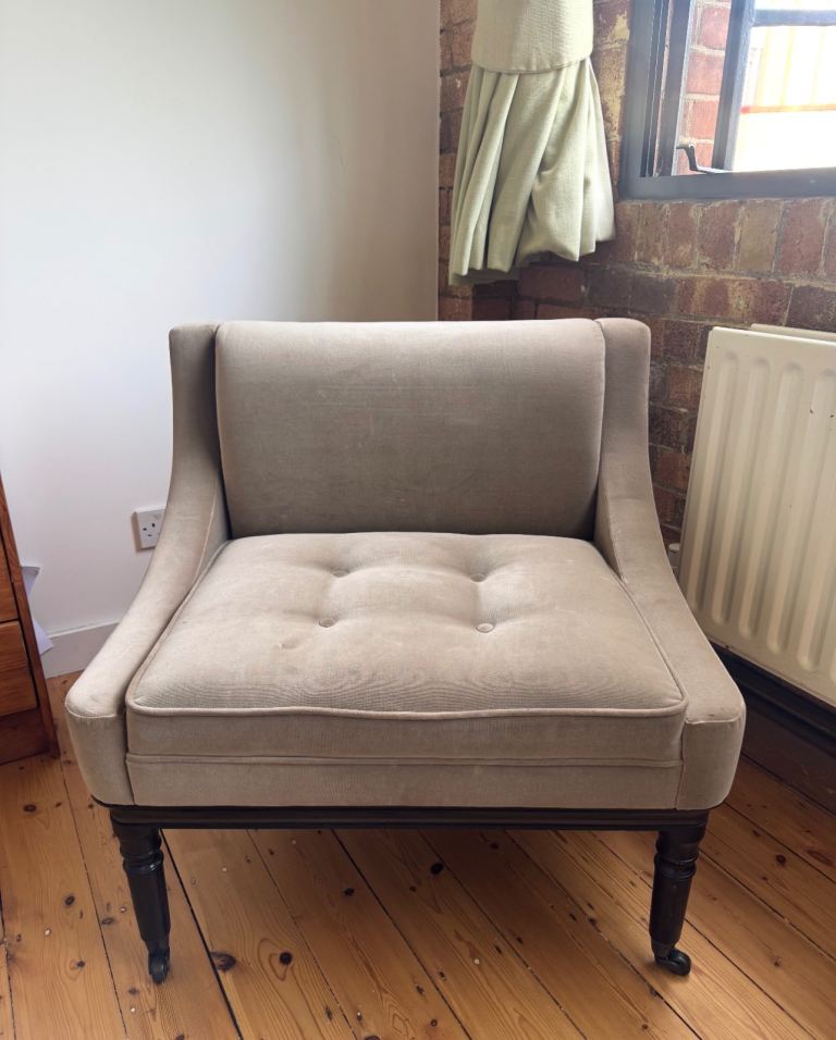 Taupe Velvet Upholstered Reading/Arm Chair – Dark Wood Base