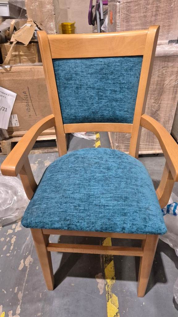 Wooden Dining Chair with Blue Fabric Upholstery