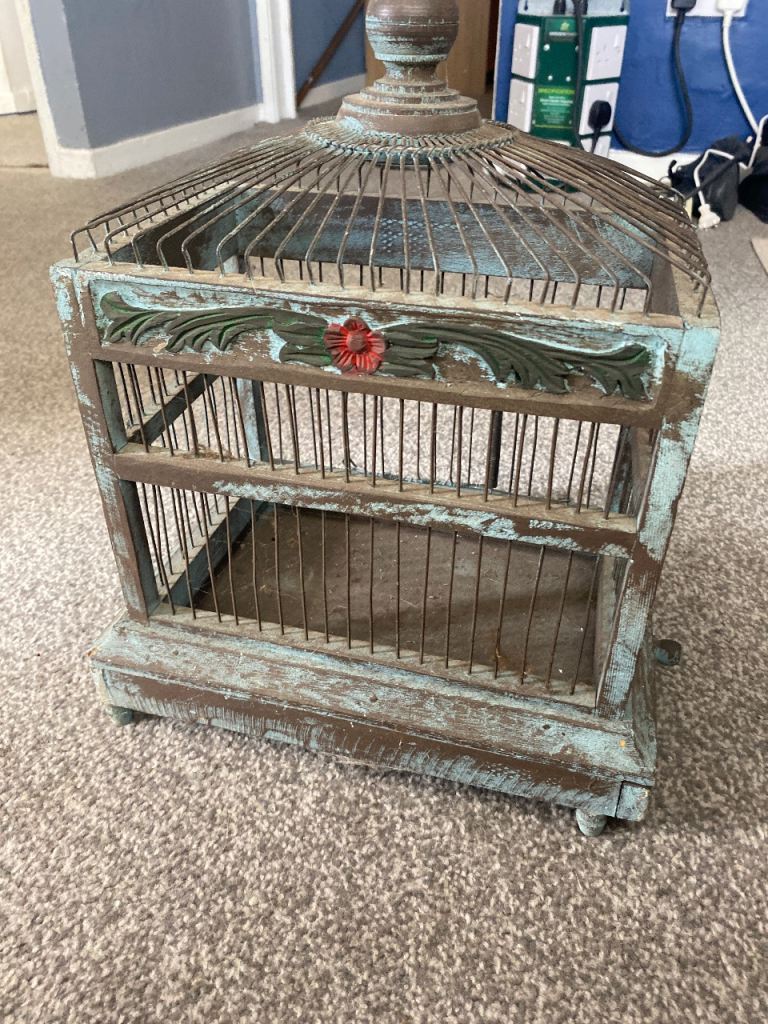 Decorative Wooden Bird Cage - Distressed Blue/Brown