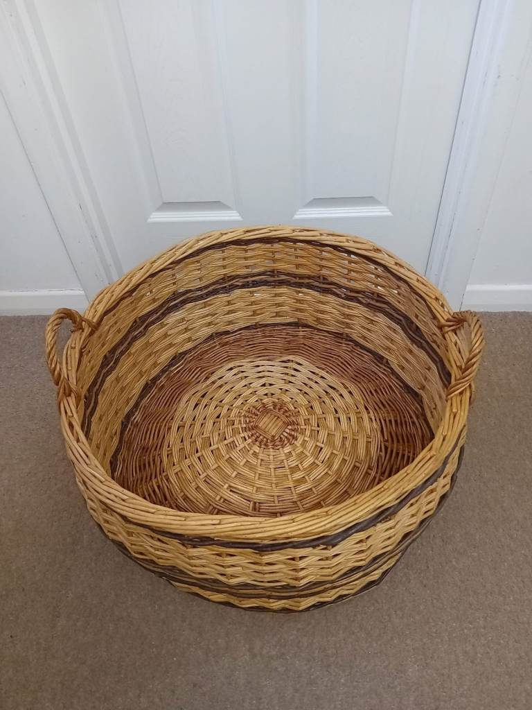 Large handcrafted 3 tone Willow basket, designed for fireside storage or laundry
