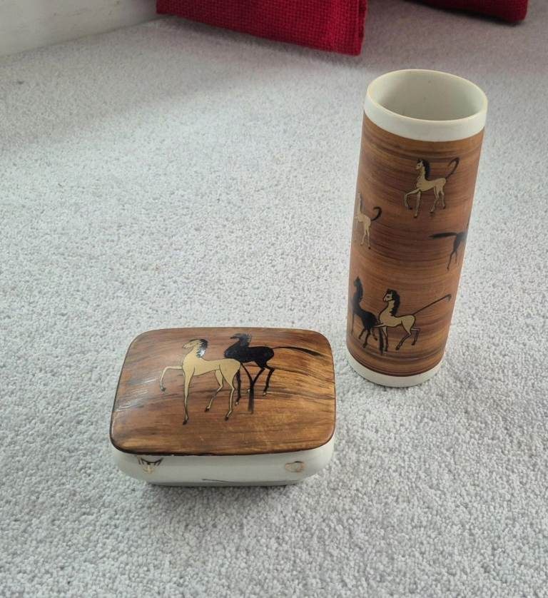 Kronach Porcelain Horse Vase & Trinket Box Vintage Bavarian Modernist Hand Painted Retro 1960s