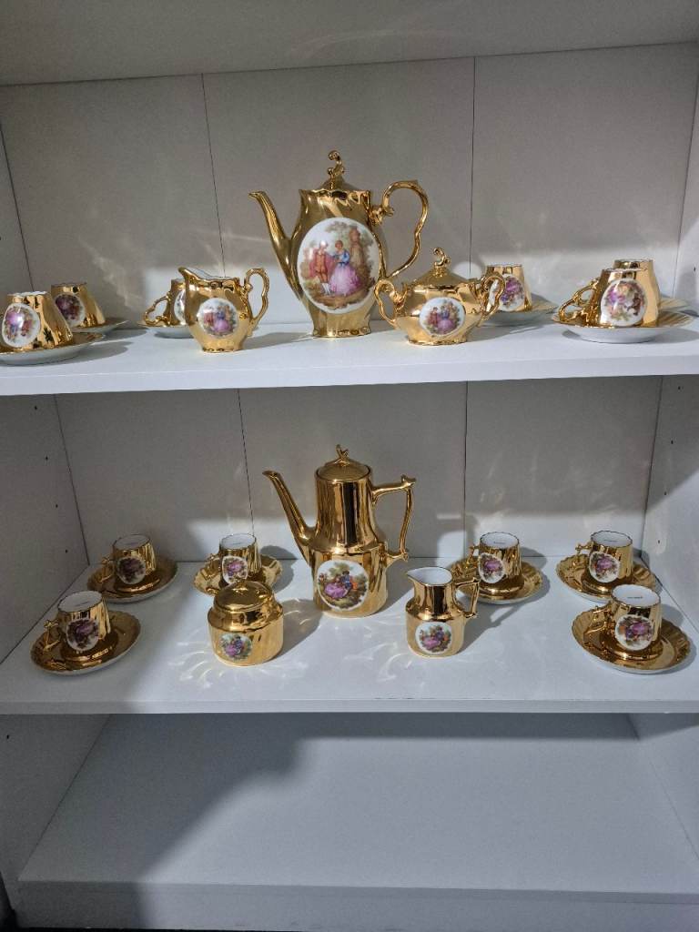 Vintage Gold Coffee/Tea Sets with courting couple fragonard-style – As ...
