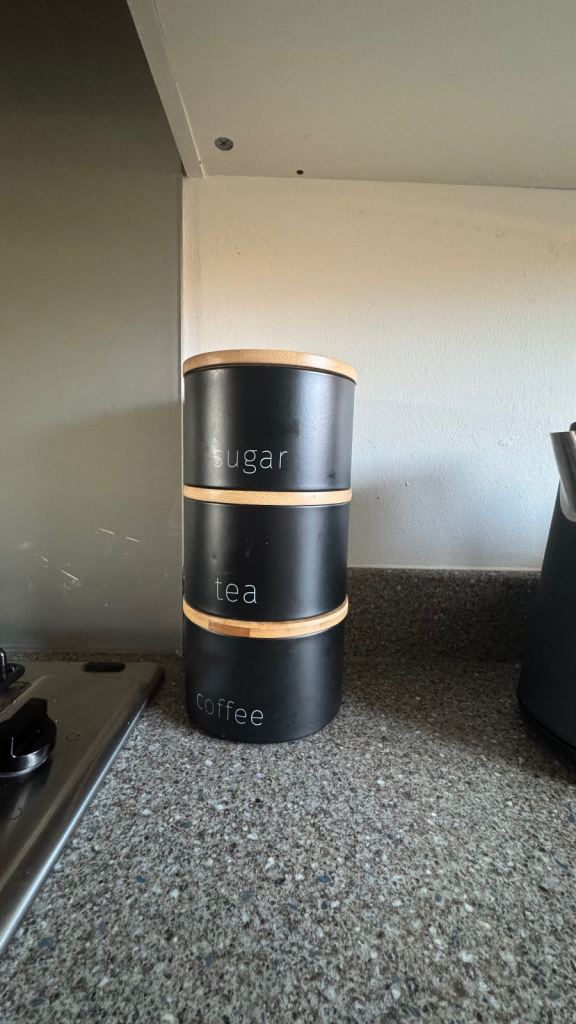 Black Sugar, Tea, Coffee Canisters with Wooden Lids