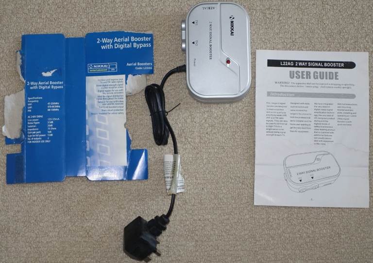 Nikkai L22AG TV signal booster, with power lead  and user guide. Lightly used. 
