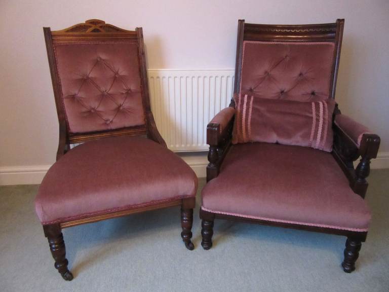 Two Edwardian upholstered chairs, attractive carved solid wood frames