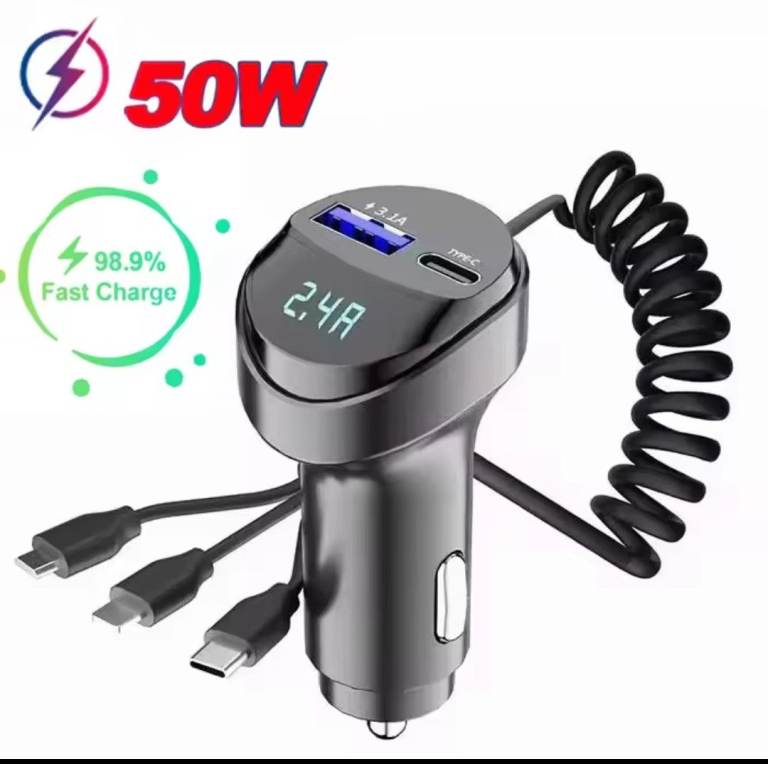3-in-1 55W 2-Port USB Fast Car Charger with Voltage Display + Retractable Chargi