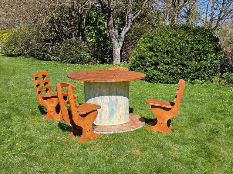 Handcrafted Drum Table  & 4 Solid Wooden Chairs  - DELIVERY POSSIBLE