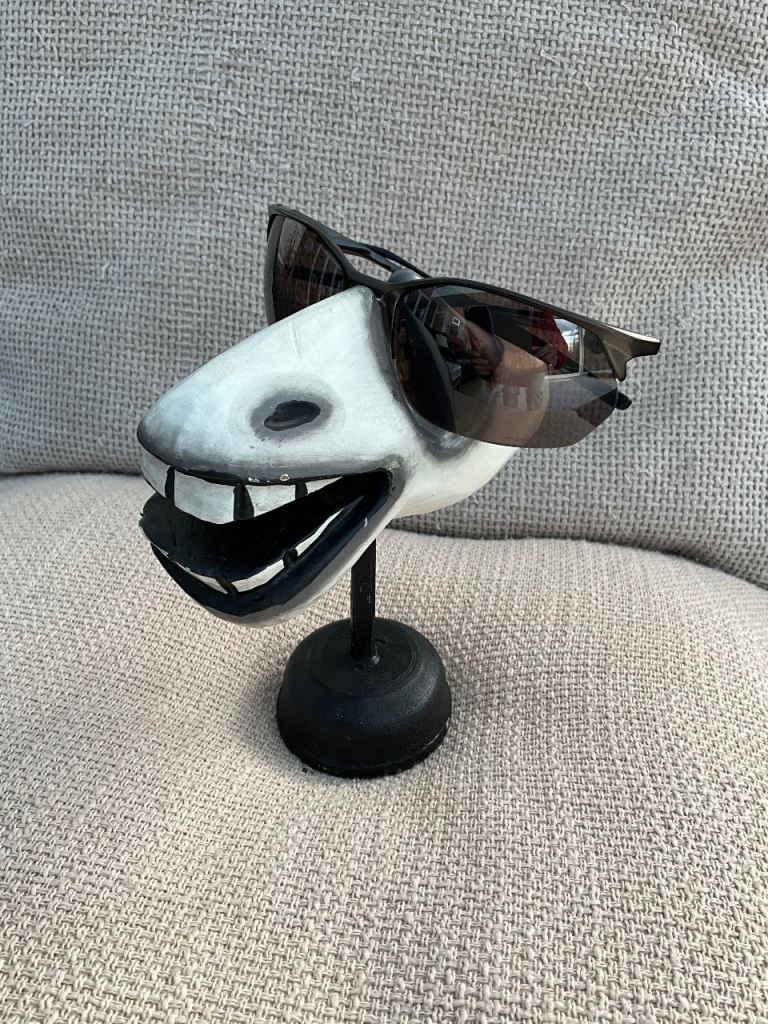 Novelty glasses holder, wooden painted detail on detachable wooden stand, 16cm height