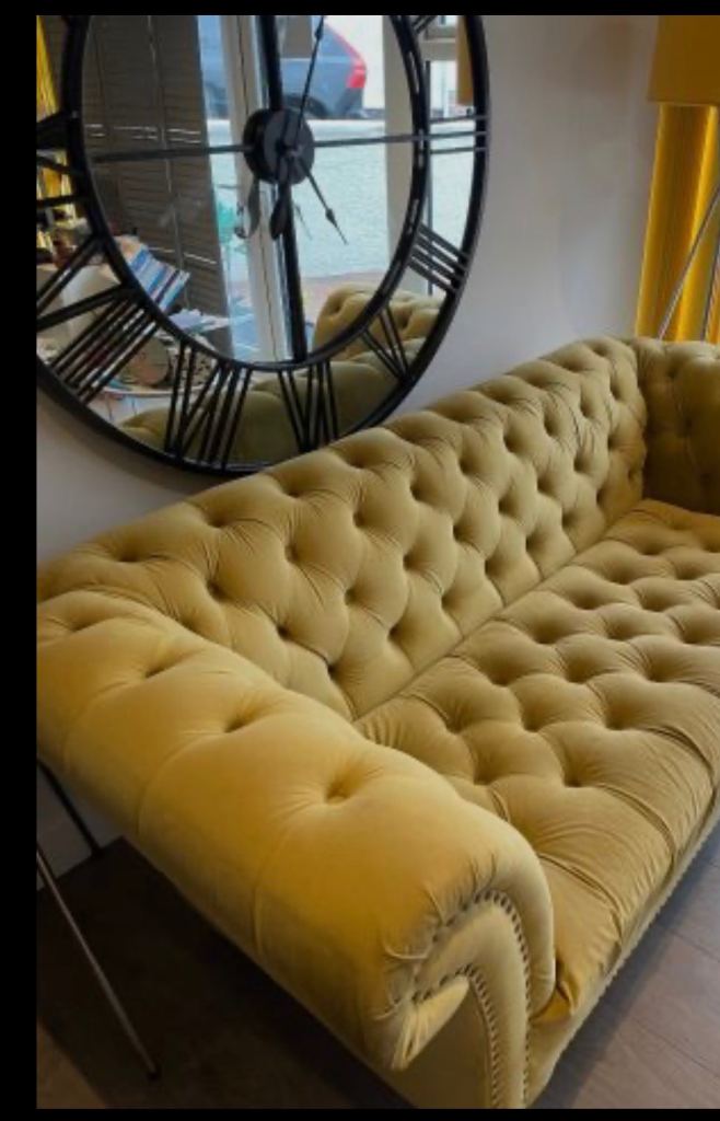 Stylish Yellow Velvet Chesterfield Sofa (x 2) – Good Condition