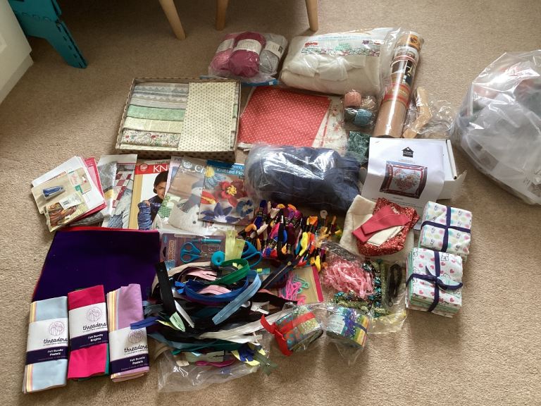 Large Bundle of Crafting Supplies – Fabric, Yarn, Zips, and More