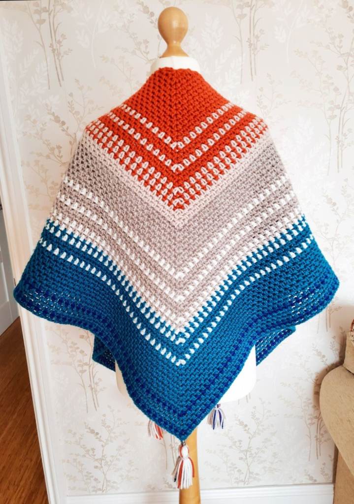 Handmade Warm Shawl for Winter. Striped Knitted Shoulder Wrap. Boho Chunky Crochet Accessory Tassels