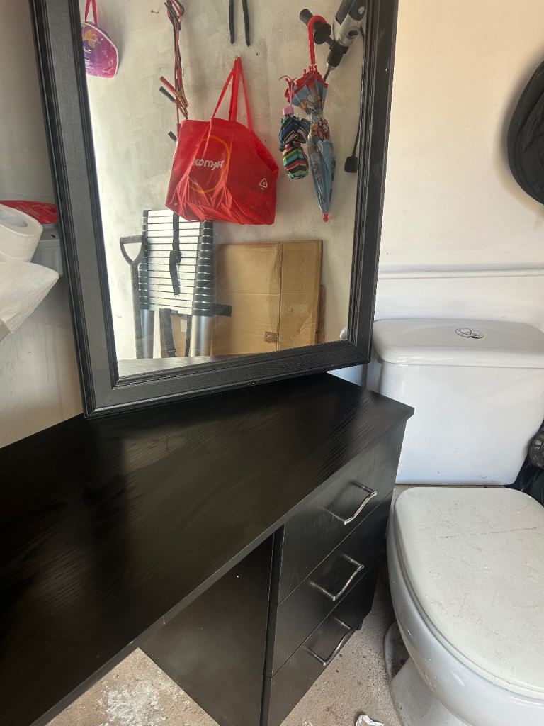 Black Wooden Desk with Drawers and Mirror – Good Condition