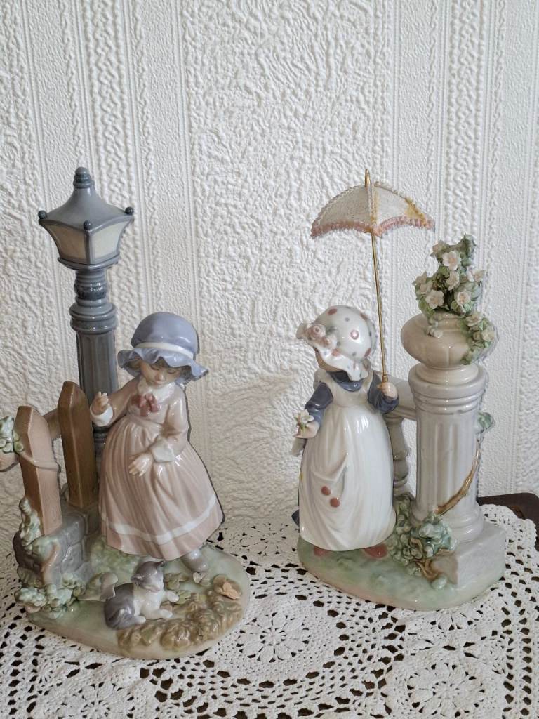 Pair of Lladro Figurines – "Girl with Umbrella" & "Girl with Lamp Post"