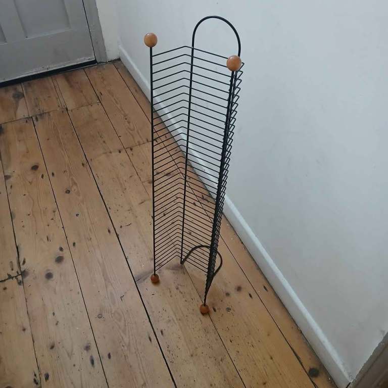 DVD Storage Rack Black Metal – Holds DVDs Only – Wooden Ball Feet – Retro Media Stand