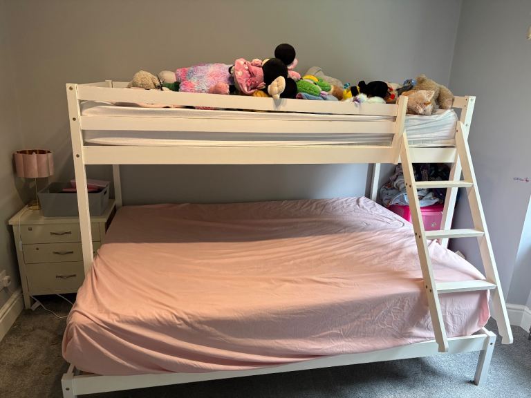  White Wooden Triple Bunk Beds with Ladder – Good Condition
