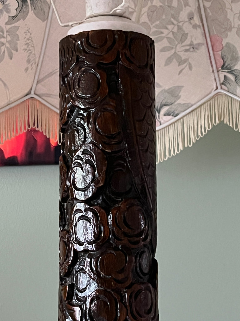 Antique 1940’s Carved Standard Lamp, Oriental, Mahogany, Decorative.