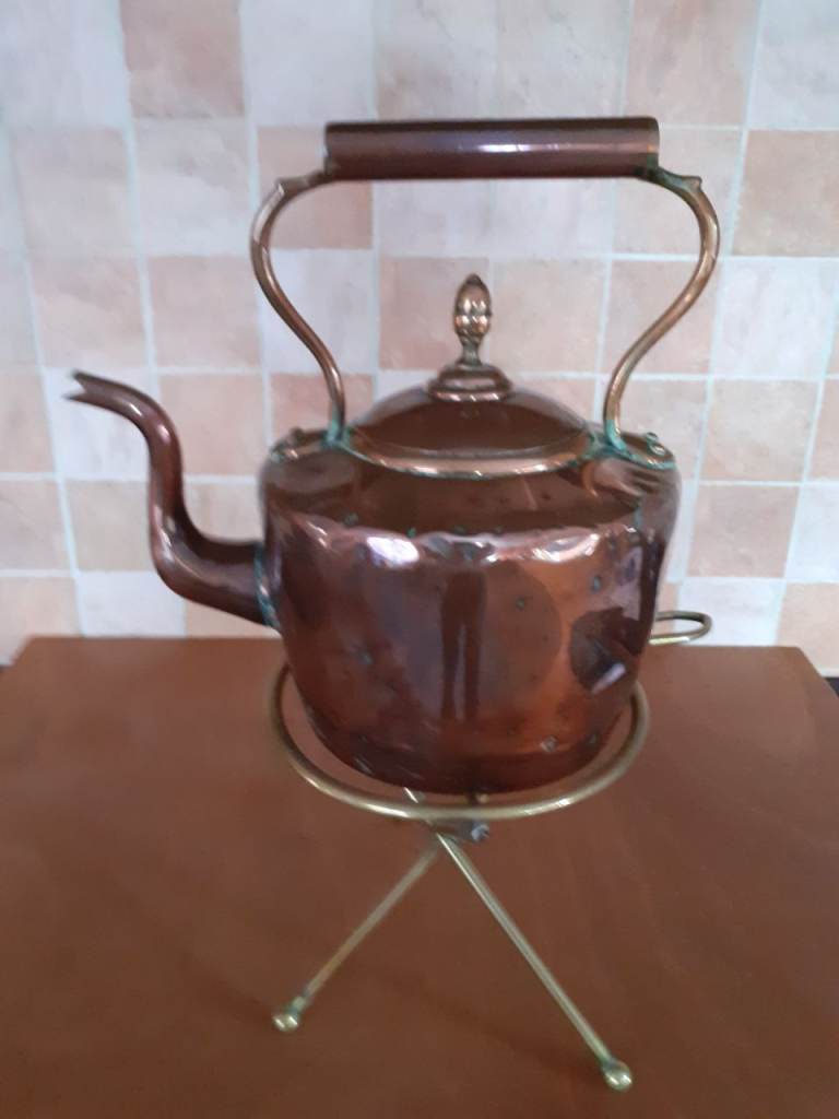 Copper kettle  brass trivet 
