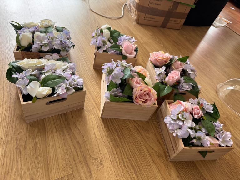 Set of 6 Artificial Flower Arrangements in Wooden Crates