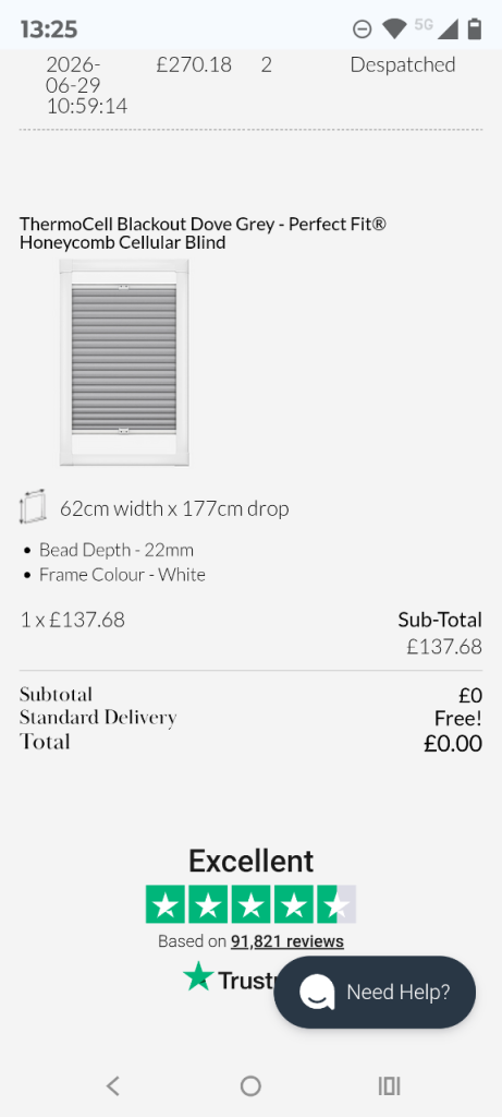 NEW ThermoCell Blackout Honeycomb Cellular Blind - Dove Grey, 62x177cm