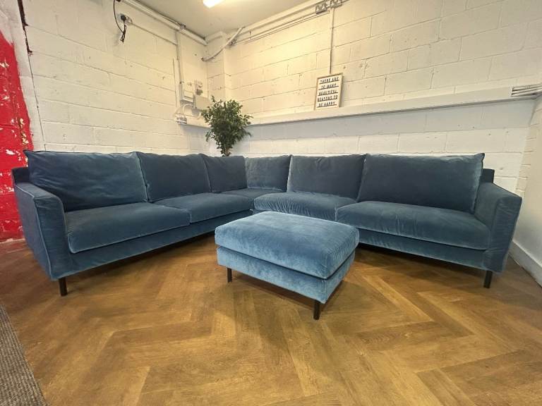 SITS Sally Blue Velvet Custom Corner Sofa & Footstool - Delivery Available